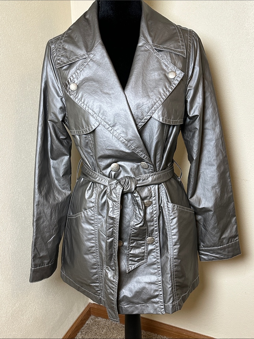 Jou Jou Women's Metallic Gray Double Breasted Trench Coat Sz L